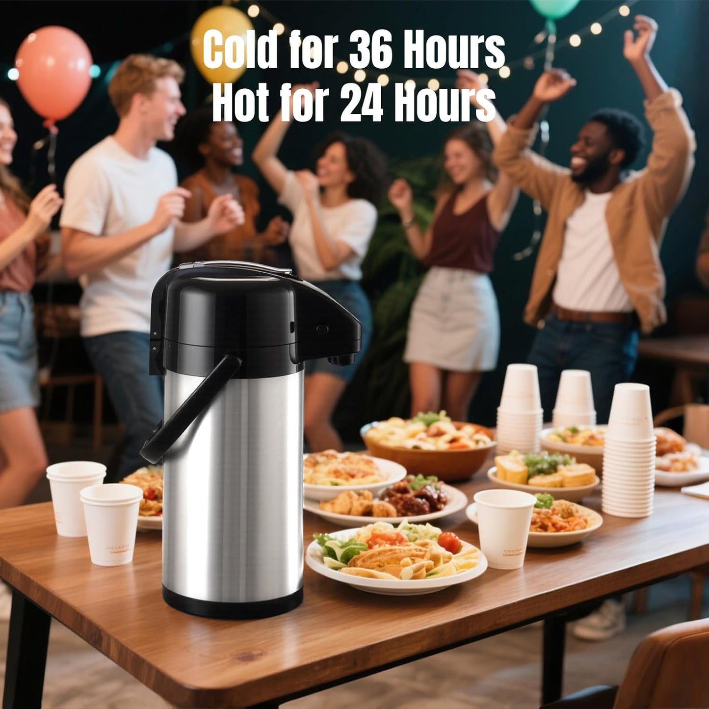 PARACITY Upgraded Airpot Coffee Water Bottle with Double Pump 84oz/2.5L Stainless Steel Drink Dispenser for Hot/Cold Drinks, Lazy Susan Base, Termos Para Coffee for Party Hot Cocoa