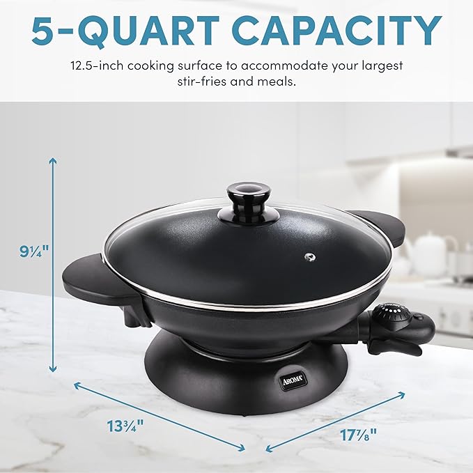 Aroma Housewares AEW-306 Electric Wok with Tempered Glass Lid Easy Clean Nonstick, Cooking Chopsticks, Tempura and Steaming Racks, Professional Model, Black