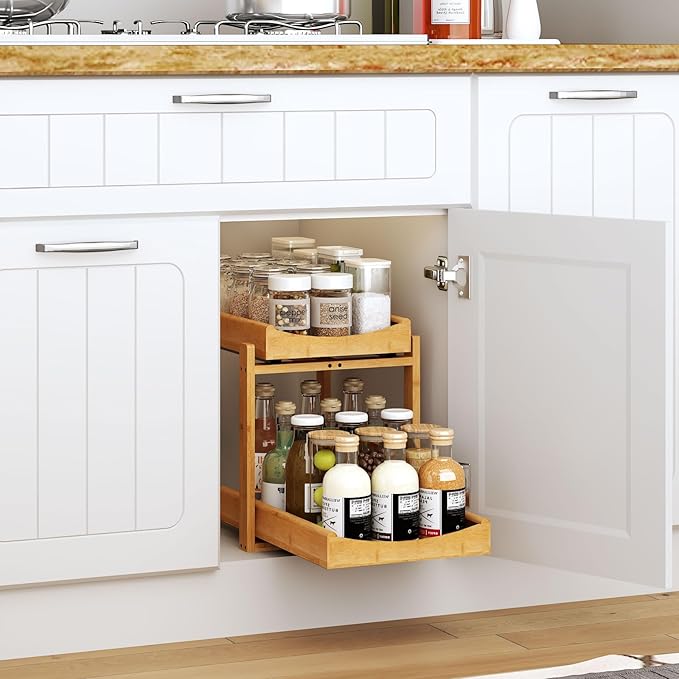 MHXW SXPN Bamboo Under Sink Organizer and Storage, Pull Out Cabinet Organization, 2 Tier Vertical Slide Out Undersink Storage Shelf, Organizer Shelves for Kitchen Bathroom Medicine (Natural, 1 Pack)