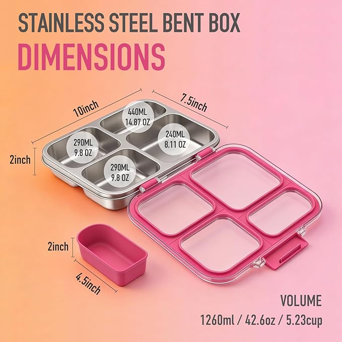 Stainless Steel Bento Box for Kids with Silicone Container, 4 Compartment Metal Lunch Box Kids Adults, Removable Silicone Seal & Clear Lid, Leak Proof Food Storage Container for Meal(Pink)