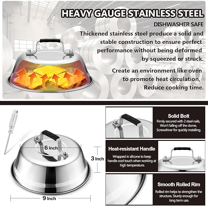 Griddle Accessories Smash Burger Kit (5Pcs), Joyfair Grill Spatula with 9in Melting Dome & Bacon Press Set, Stainless Steel Turner, Basting Cover, Cast Iron Press for Outdoor BBQ (Wooden Handle)