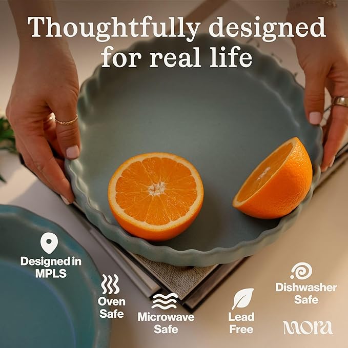 MORA Ceramic Tart Pan, 9.5 Inch Large Porcelain Baking Dish for Tarts, Quiche, Pie, Flan etc. Fluted Ruffled Edge, Oven, Microwave, Freezer, and Dishwasher safe - Great Gift For Bakers - Iris
