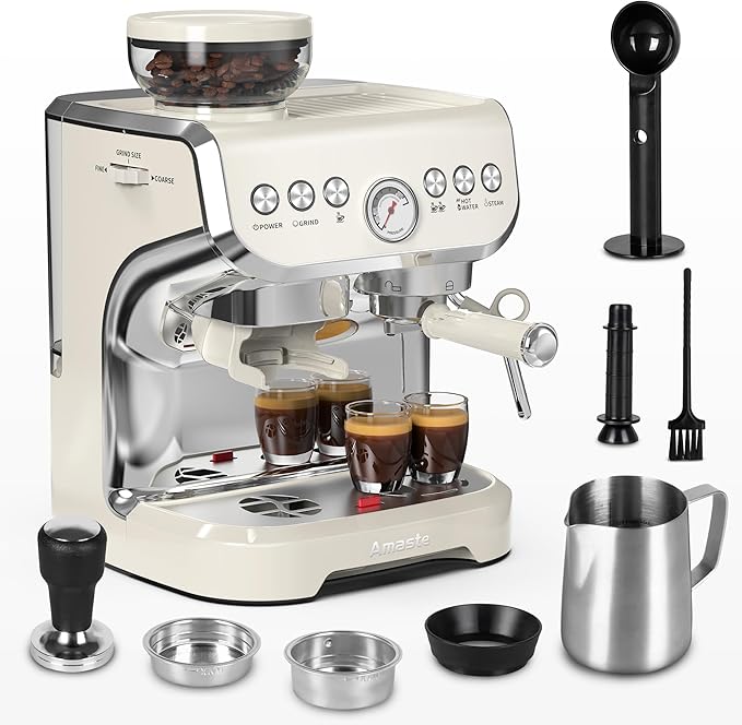 Amaste Espresso Machine with Grinder, 15 Bar Espresso Machine with Steam Wand for Latte and Cappuccino, 68Oz Water Tank, Pre-Infuse Brewing, Espresso Coffee Maker for Home Use, Barista Kit, White