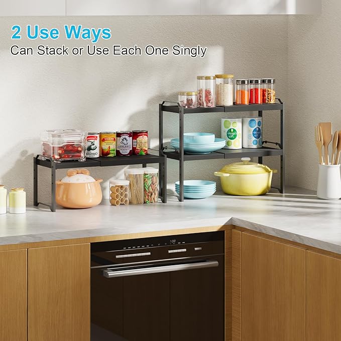 X-cosrack 2 Pack Expandable Kitchen Cabinet Shelf Organizer, Stackable Adjustable Storage Shelves for Pantry Cupboard Kitchen Counter, 20LBS Loading Capacity, Size: W*D*H=20.5 * 8.26" * 8.72"
