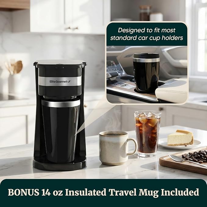 Elite Gourmet EHC113 Personal Single-Serve Compact Coffee Maker Brewer Includes 14Oz. Stainless Steel Interior Thermal Travel Mug, Compatible with Coffee Grounds, Reusable Filter, Black