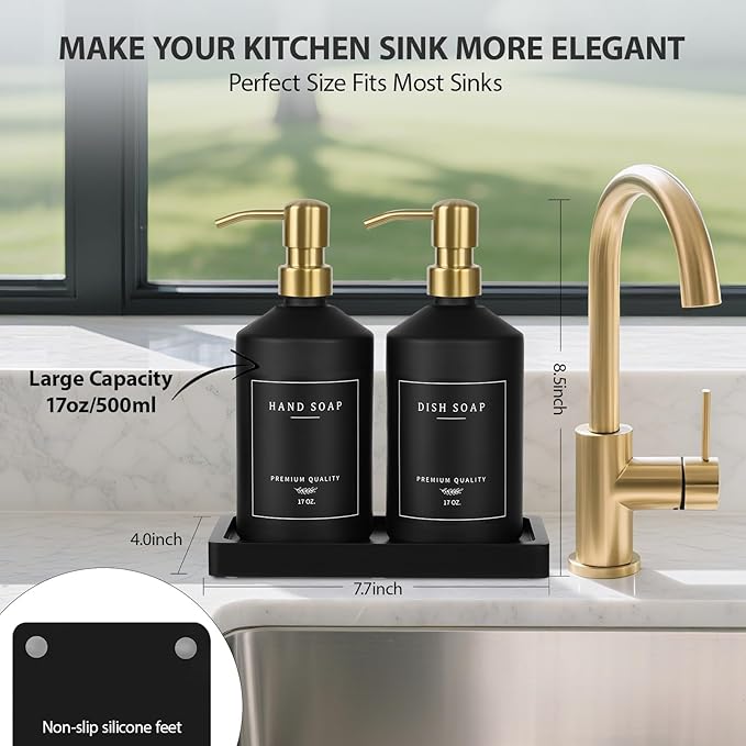 Black Glass Kitchen Hand and Dish Soap Dispenser Set, Bathroom Soap Dispenser Set with Tray and Stainless Steel Pump, Gold Kitchen Accessories (Black Bottle/Gold Pump)