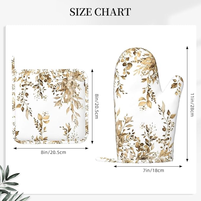 Brown Eucalyptus Oven Mitts and Pot Holders Set, 4pcs Silicone Watercolor Plant Leaves with Floral Oven Glove for Kitchen Heat Resistant Oven Mitts and Potholders Non-Slip for Cooking