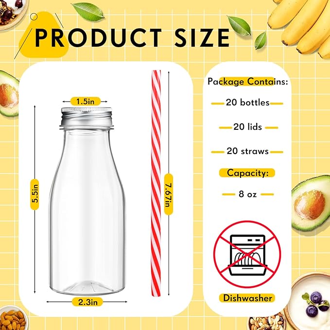 Yinkin 20 Sets Plastic Milk Bottles with Straws Lids Clear Plastic Containers for Dairy Milk Party Bottle for Juices Shakes Smoothies (8 oz,Red,White)