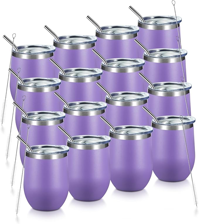 COMOOO Stainless Steel Wine Tumbler Glass Bulk with Lid and Straw 12oz Double Wall Vacuum Insulated Travel Tumbler Cup Stemless for Coffee Wine Cocktails Ice Cream Cup,Purple, 16 pack