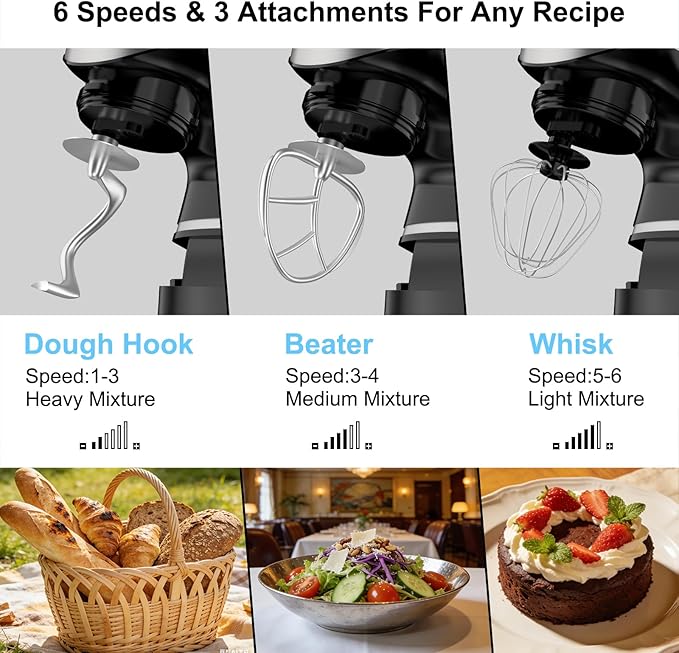 Electric Stand Mixer, Kitchen Mixer 6.5-Quart Tilt-Head, 6 Speeds with Dough Hook, Whisk, Beater, and Splash Guard, Stainless Steel Bowl for Baking—Perfect for Baking Bread, Cookies, Cakes