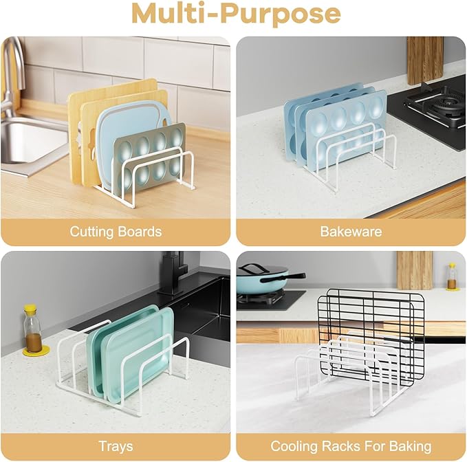 Cutting Board Organizer and Baking Sheet Rack, [1-Pack] White Heavy Duty Metal Cookie Sheet Organizer for Cutting Board Storage & Plate Holder for Cabinet, Tray Dividers for Cabinets