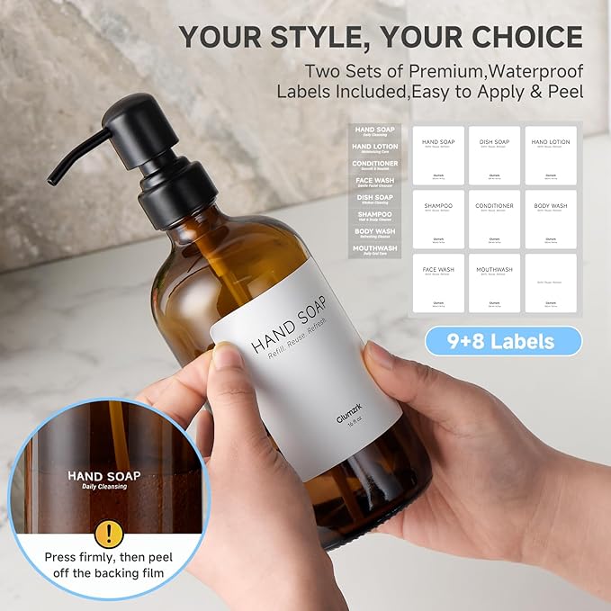 2 Pack Kitchen Soap Dispenser Set - 16oz Amber Glass Dish and Hand Soap Dispenser with Stainless Steel Pump, Instant Dry Tray, Dish Brush & Holder, Refillable Countertop Sink Decor for Kitchen & Bath