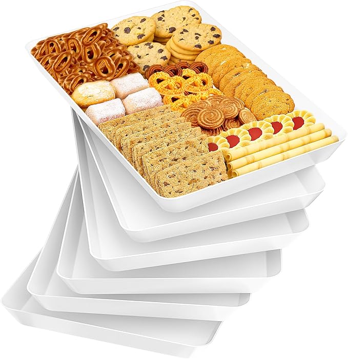 SpaceTrove 6-Pack Serving Tray Set, Reusable Plastic Serving Platter for Party Supplies, Entertaining, Grilling Accessories, Stackable Kitchen Snack Box Container for Dessert, Fruit, Cookie, (White)