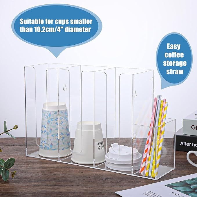 1 Pc 4 Compartments Acrylic Coffee Cup and Lid Storage Organizer Holder Disposable Paper Cup Dispenser Organizer Plastic Lid Holder Accessories for Kitchen Bar Shop Party Supplies, Transparent