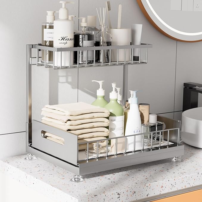 Saydear Under Sink Organizer Storage 2-Tier Premium Metal Pull-Out Kitchen Cabinet Organizer with Sliding Drawer, Height Adjustable, Heavy Duty for Kitchen & Bathroom Organizers 1 Pack Grey