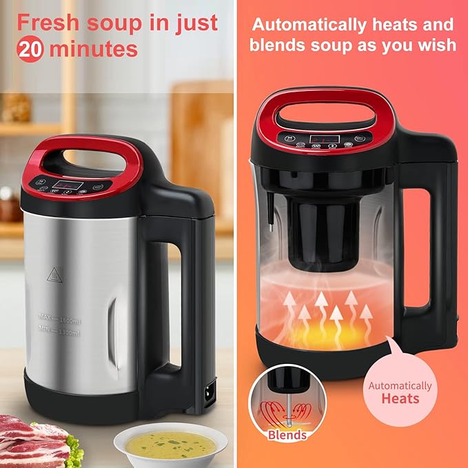 Soup Maker 1.6 L, 4-in-1 Multifunctional Smooth Soup and Chunky Soup Machine Maker with LCD Control Panel, Stainless Steel Electric Hot Soup Maker, 2-5 Servings, Smart Living for Home Use