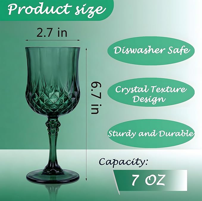 Plastic Wine Glasses, Plastic Goblets Vintage Style Cordial Unbreakable Drinking Glasses, Reusable Drinkware for Wedding Reception, Grand Event Party Supplies (24, Green)