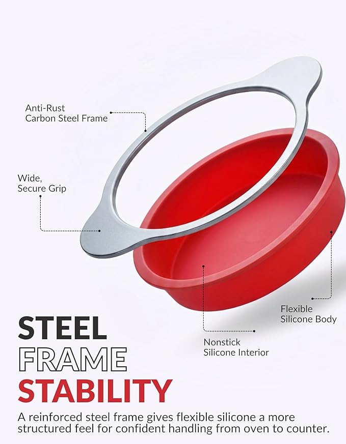 Boxiki Kitchen 9 Inch Non-Stick Silicone Round Cake Pan with Steel Frame Handles - Perfect for Baking Delicious Round Cakes