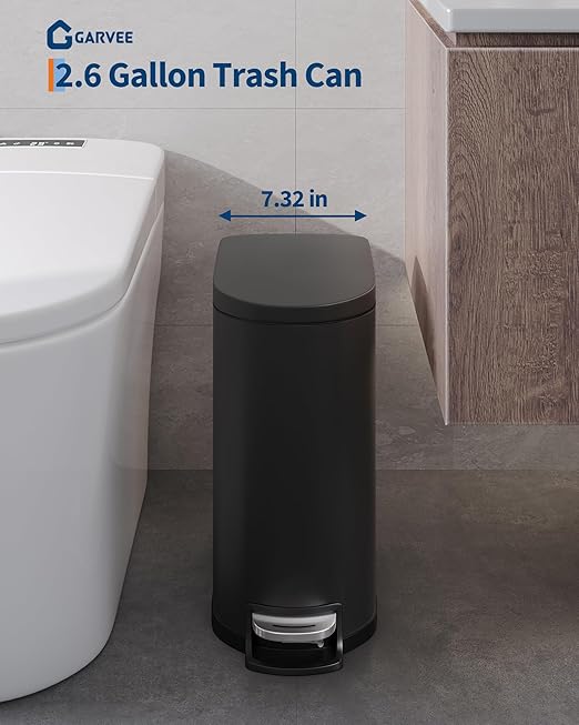 GarveeHome 2.6 Gallon Bathroom Trash Can, Space-Saving Slim Stainless Steel Step-On Garbage Bin with Soft Close Lid, Removable Inner Bucket for Bathroom & Bedroom, Black