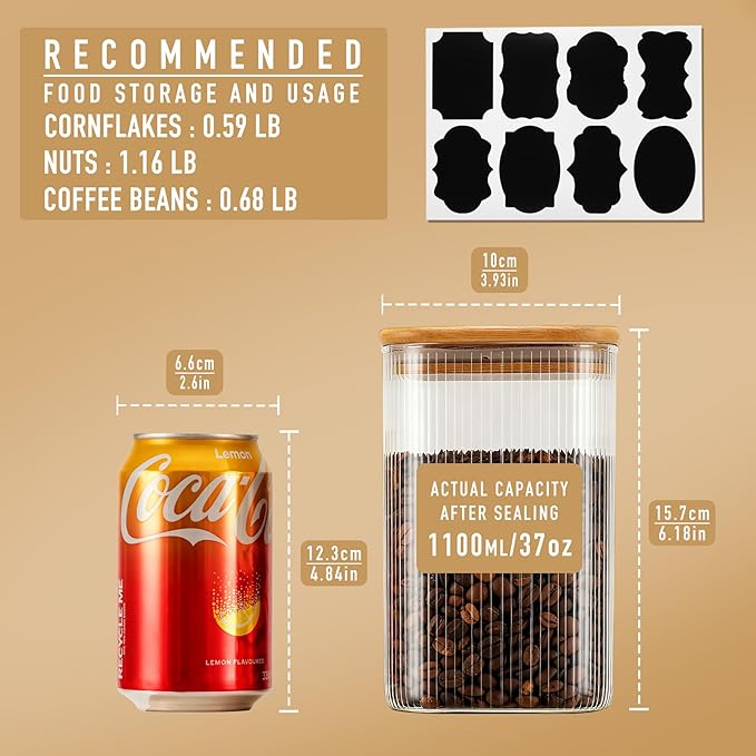 D2scrma 37oz Airtight Glass Square Storage Canisters with Bamboo Lids Set of 4 (1100ml) Striped Stackable Containers, Decorative Kitchen Jars for Tea, Nuts and Coffee (‎with Black Lable)