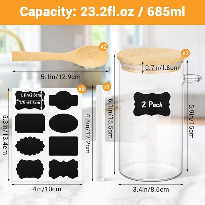 Glass Storage Jars with Airtight Lids - 2 Pack 23 Fl.oz Round Glass Jars with Bamboo Lids and Spoon, Includes Labels and Marker, Pantry Canisters for Sugar, Pasta, Cereal, Tea Container