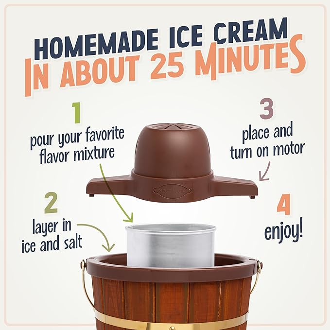 Nostalgia Electric Ice Cream Maker - Old Fashioned Soft Serve Ice Cream Machine Makes Frozen Yogurt or Gelato in Minutes - Fun Kitchen Appliance - Vintage Wooden Style - Dark Wood - 4 Quart