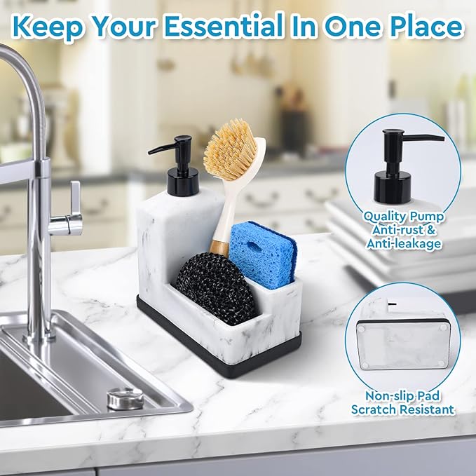 Dish Soap Dispenser with Sponge Holder,White Marble Look Liquid Hand and Dish Soap Dispenser and Spong Caddy with Brush Holder 3 in 1 Countertop Organizer for Kitchen Sink and Bathroom,White