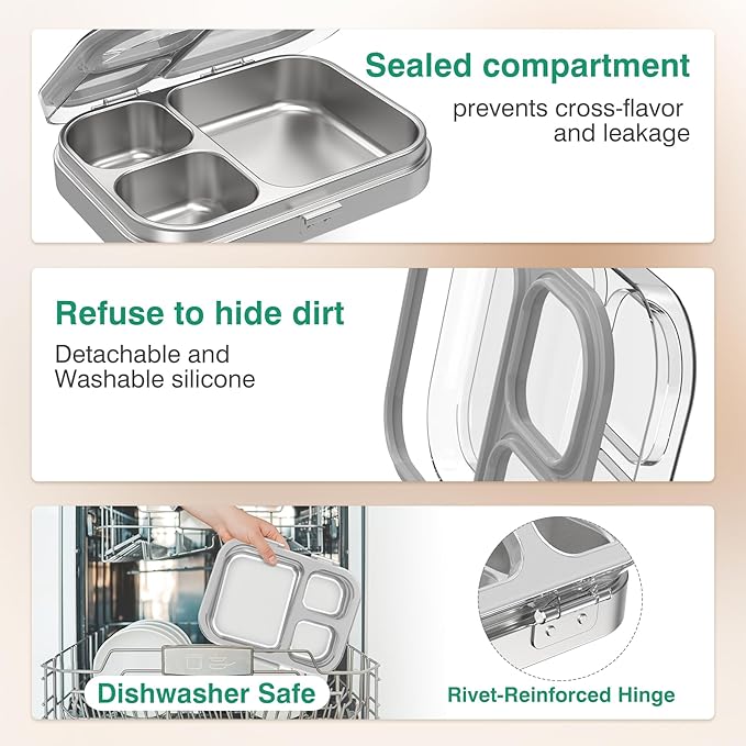 HOMEKOL Stainless Steel Bento Lunch Box, 3-Compartment Leak-Proof Lunch Container for Kids & Adults, BPA/BPS-Free 304 Metal Food Box, Dishwasher Safe, Clear Tritan Lid, Grey (Not Insulated)