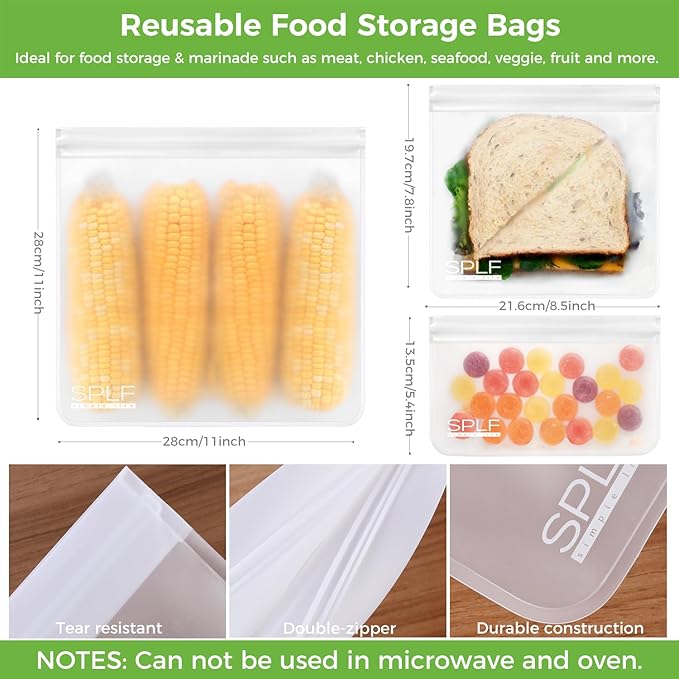 SPLF 10 Pack Reusable Sandwich Bags, Reusable Quart Bags Extra Thick Leak-proof Freezer Bags Bpa and Silicone Free for Marinate Meats, Cereal, Sandwich, Travel Items, Home Organization