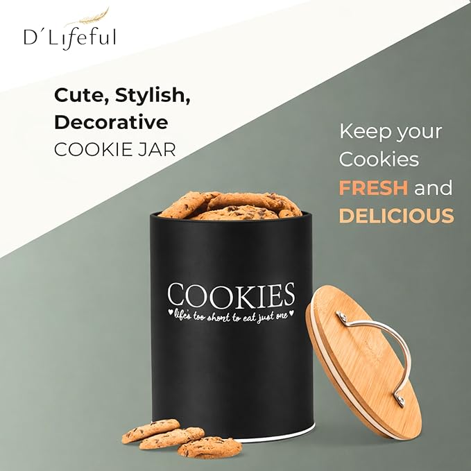D'Lifeful Cookie Jar with Airtight Bamboo Lid – 1.1 Gallon Cute and Decorative Cookie Storage for Kitchen Countertop – Farmhouse Storage Tin for Freshness – Great Gift Idea (Black)