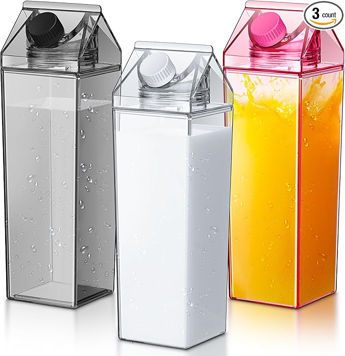 Remerry 3 Pcs Milk Carton Water Bottle Square Plastic Coffee Portable Reusable Milk Carton Cup Leakproof Juice Bottle
