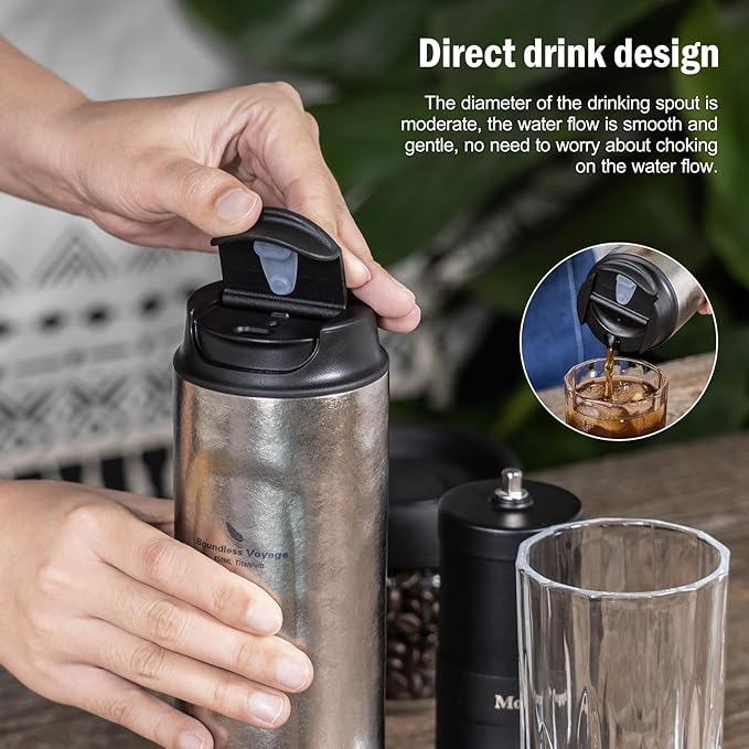 iBasingo 450ml Titanium French Press Coffee Flask Double-Walled Insulated Vacuum Cup Portable Water Bottle Outdoor Traveling Car Mug with Lid Ti3255D
