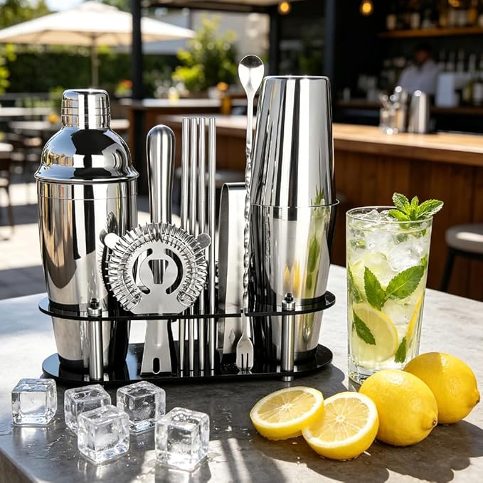 17Pcs Cocktail Shaker Set 750ml, 750/600ml Bartending Kit 25oz, 25/20oz Bar Shakers Tools Bartender Kit with Recipe Book Black Stand