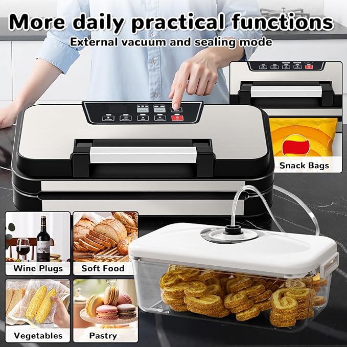 95Kpa Powerful Vacuum Sealer Machine, 11-in-1 Vacuum Sealer for Food with Double Seal, Built-in Cutter & Bag Storage, Vacuum Sealer for Dry Moist Food Preservation, Extend Freshness 8X Longer