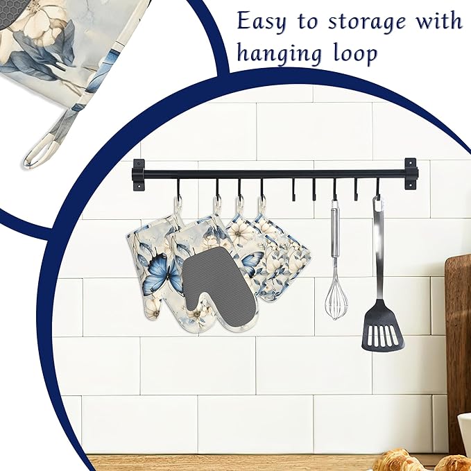 Oven Mitts and Pot Holders Sets Blue Butterfly Silicone Kitchen Mits Potholders Spring Floral Heat Resistant 4Pcs Oven Gloves Hot Pads for Baking Cooking BBQ Grilling Home Decor