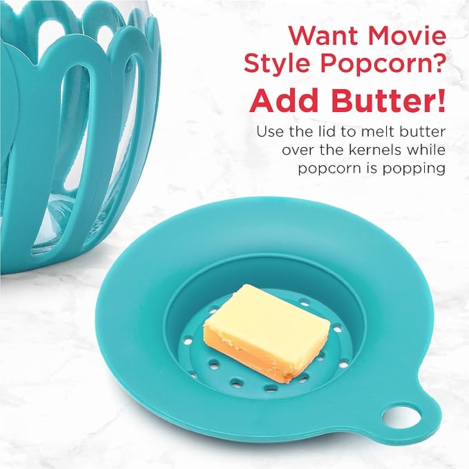 Ecolution Patented Micro-Pop Microwave Popcorn Popper with Temperature Safe Glass,3-in-1 Lid Measures Kernels and Melts Butter,Made Without BPA,Dishwasher Safe,3-Quart,Teal,(Pack of 4)