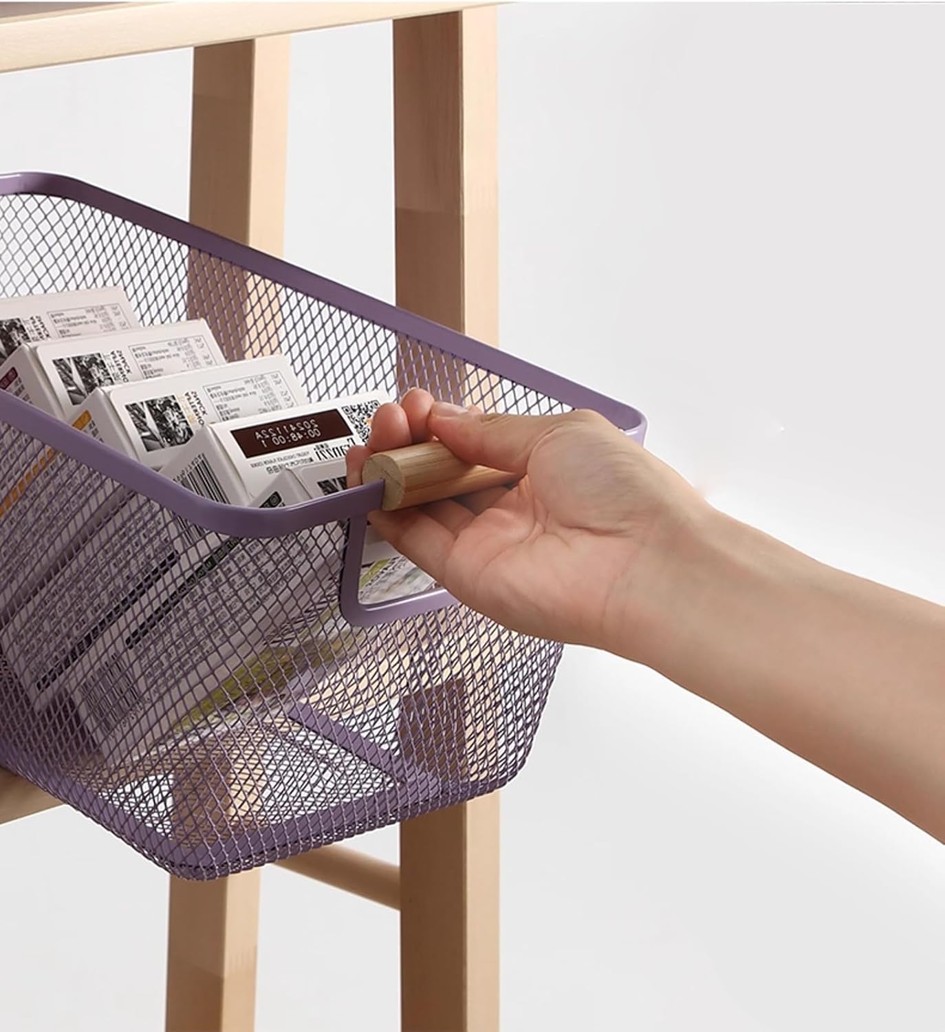 Metal Mesh Steel Basket, Medium Wire Storage Organizer Basket Multi-function Hanging Kitchen Basket with Wood Handle for Kitchen Bathroom Picnic Home, Rectangle-Purple
