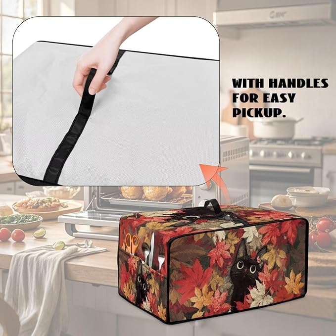 Air Fryer Toaster Oven Dust Cover Dust Protection Countertop Convection Oven Cover Stain-resistant Kitchen Appliance Protector, M, Black Cat Maple Leaf Fall Decor