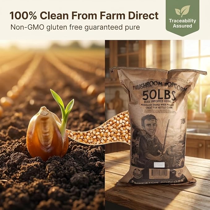 Princeton Popcorn Mushroom Popcorn Kernels Extra Large - Easy-Eating, Farmer Direct Non-GMO Gluten Free Bulk Popping Corn, Popcorn Kernels for Oil Pop or Hot Air Popper or Stovetop Bulk 50lb Bag