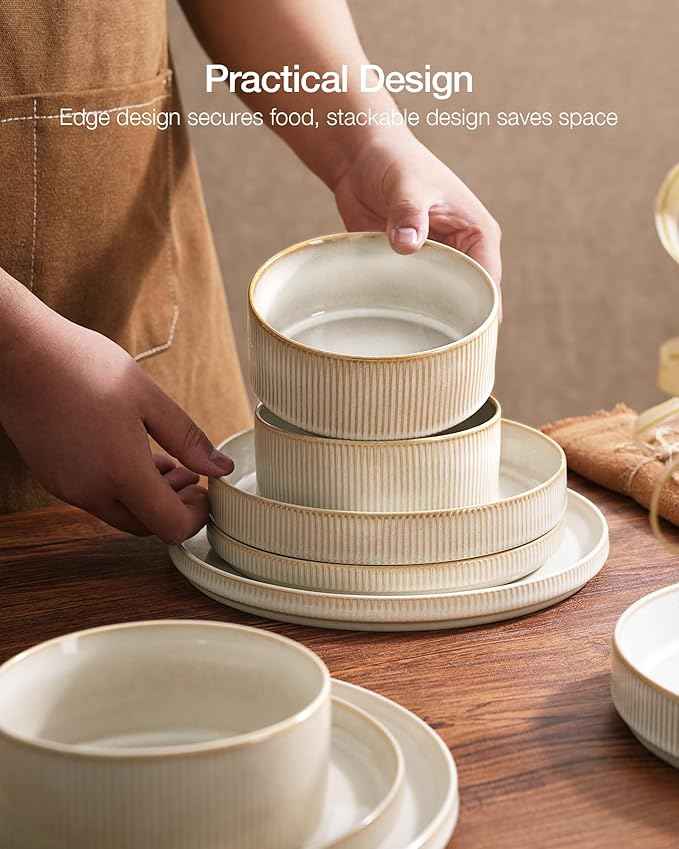Famiware Star Dinnerware Set with Pasta Bowls, Service for 6 (24 Pieces), Ribbed Stoneware Plates and Double Bowls Sets - Chip & Scratch Resistant, Microwave & Dishwasher Safe Dishes, Cappuccino White