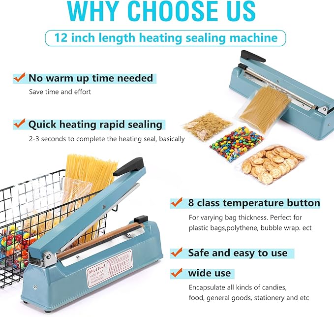 METRONIC Impulse Sealer 12 Inch, Heat Sealer Machine with Repair Kit, Manual Bag Sealer, Heavy Duty Impulse Heat Sealer for Plastic Bags, Shrink Wrap Bag (Blue)