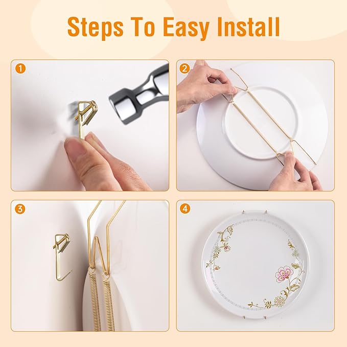 Bilillo 12 Pieces Invisible Wall Plate Hangers 4/6/8 Inches Wall Plate Hangers Stainless Steel Decorative with 12 Pieces Hook with Nails Suitable for 4-10 inch Decorative Antique and Arts(Gold)