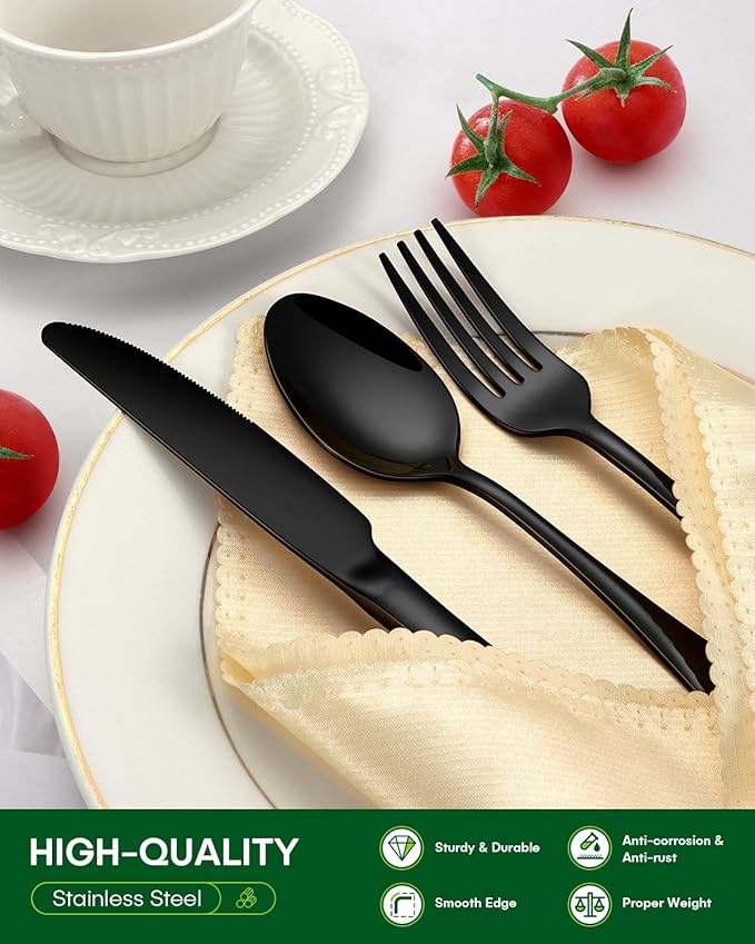 PHILIPALA Black Silverware Set, 48-Piece Flatware Set with Steak Knives for 8, Stainless Steel Mirror Cutlery Include Forks Spoons and Knives Set, Dishwasher Safe Utensils Set for Home Restaurant
