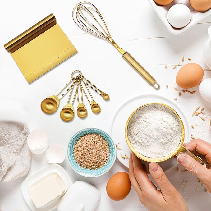 Gold Flour Sifter Baking Tool Set, findTop Stainless Steel 4-Piece Kit with 10" Whisk, Dough Scraper & 5 Measuring Spoons, Mirror Polished, Easy to Clean, for Cake Bread Cookie Prep