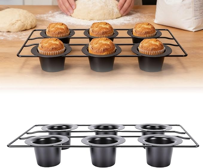 6 Cup Popover Pan, Non Stick Carbon Steel Bakeware with Wire Rack, Deep Tapered Cups Kitchen Supplies for Popovers Muffins