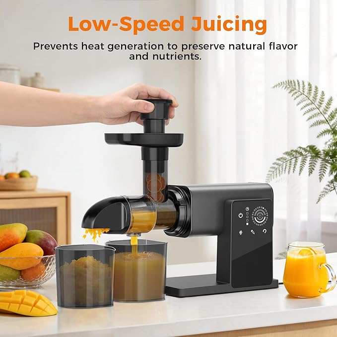 Juicer Machines, Cold Press Juicer Machine with LED Smart Touch Screen, 2 Modes for Fruit and Vegetable, High Yield Slow Juicers Extractor with Reverse Function, Easy to Clean, Black