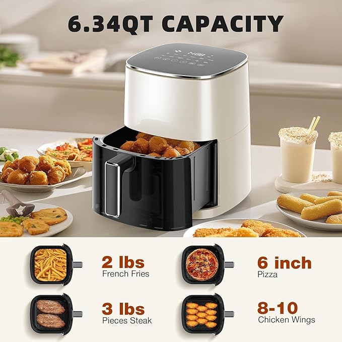Hexago Air Fryer-6.34 QT Large Airfryer with Clear Window, 12-in-1 Air Fry, Roast, Reheat, Dehydrate, Bake, Steam with 400F, Touchscreen Controls, Beige