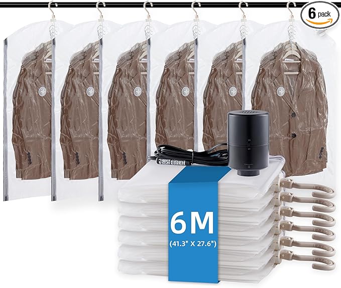 TAILI Hanging Vacuum Storage Bags with Electric Pump, Vacuum Seal Bags for Clothing Travel, Space Saver Closet Organizer for Clothes, Coats, Suits and Jackets, 6 Short(41.3x27.6 in)