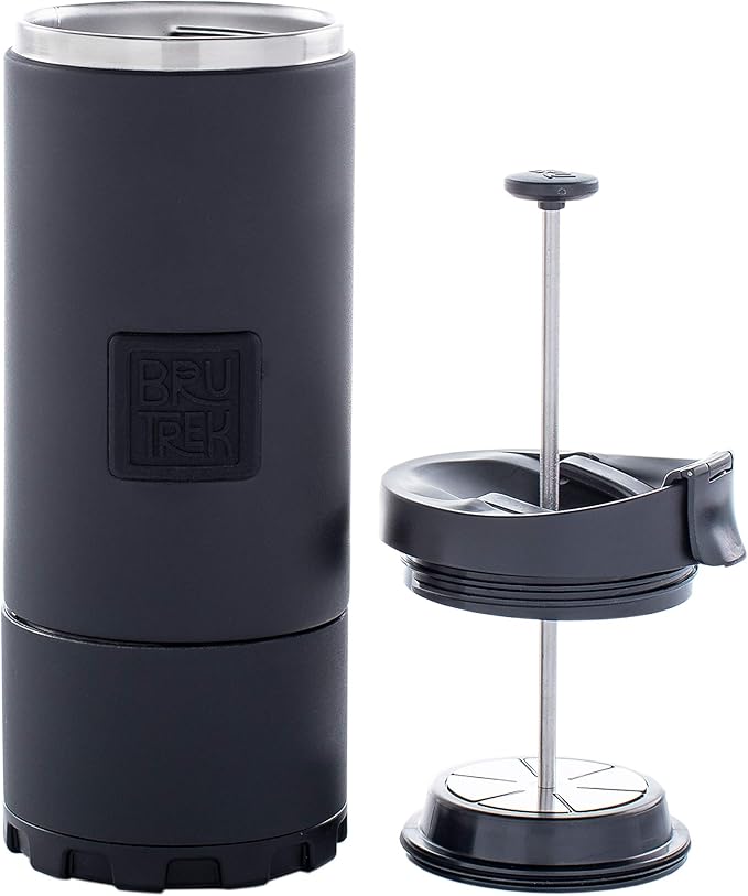 BruTrek® by Planetary Design OVRLNDR Travel Coffee French Press, 24 fl.oz Capacity, Double Wall Vacuum Insulated, Easy To Clean Removable Bottom, No Spill Lid, On The Go Coffee Brewing (Obsidian)