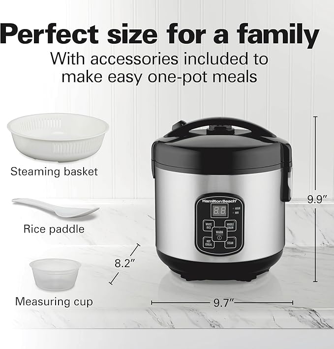 Hamilton Beach Slow Cooker & Digital Programmable Rice Cooker & Food Steamer, 8 Cups Cooked (4 Uncooked), With Steam & Rinse Basket, Stainless Steel (37518)